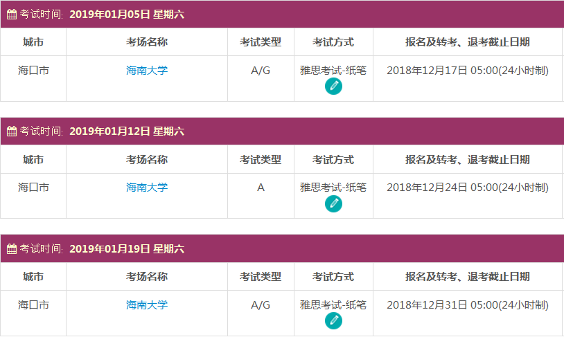 2019年1月海南省雅思考试时间及考点信息