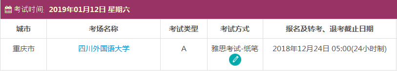 2019年1月重庆雅思考试时间及考点信息