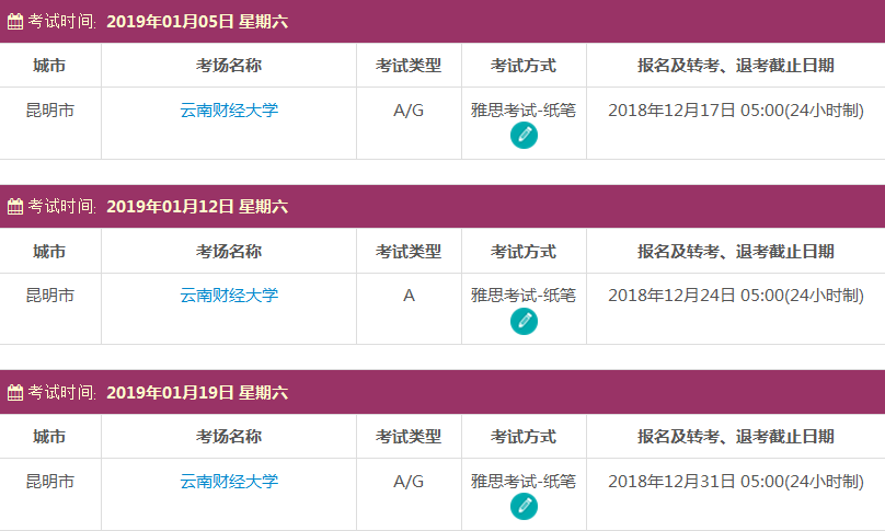 2019年1月昆明雅思考试时间及考点信息