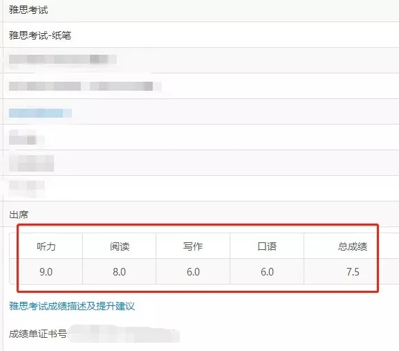 雅思考试成绩单