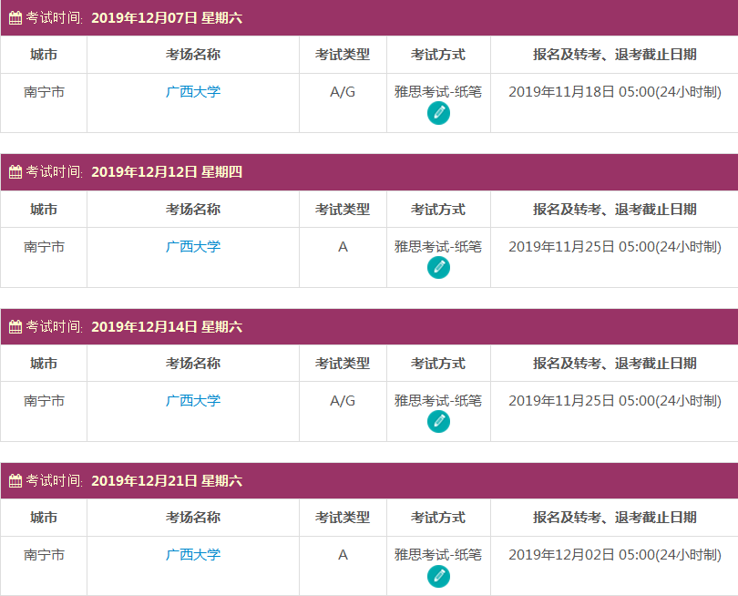 广西雅思考试时间及考点