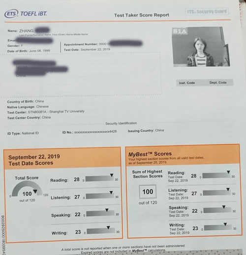 托福高分学员成绩单