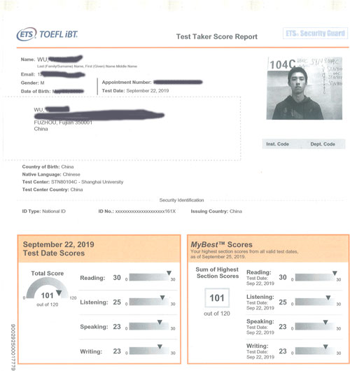 托福高分学员成绩单
