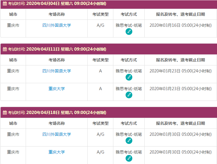 4月重庆雅思考试时间及考点信息