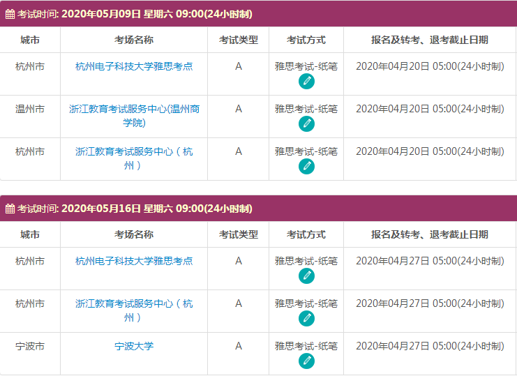 5月浙江雅思考试时间及考点