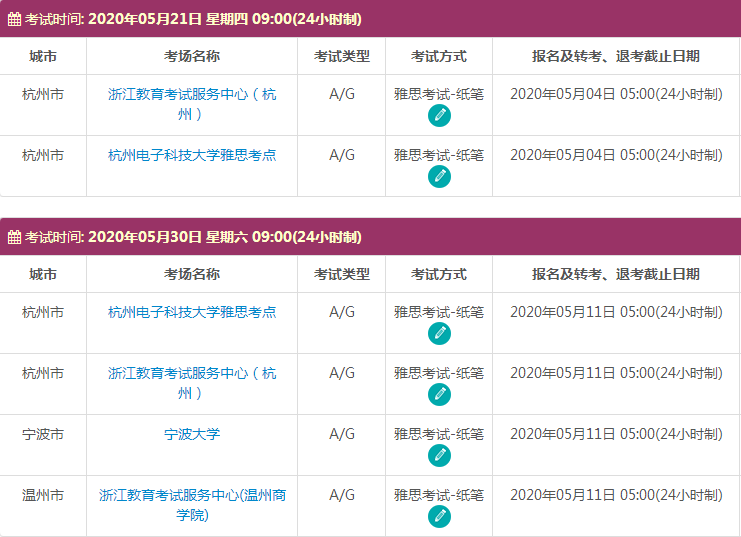 5月浙江雅思考试时间及考点