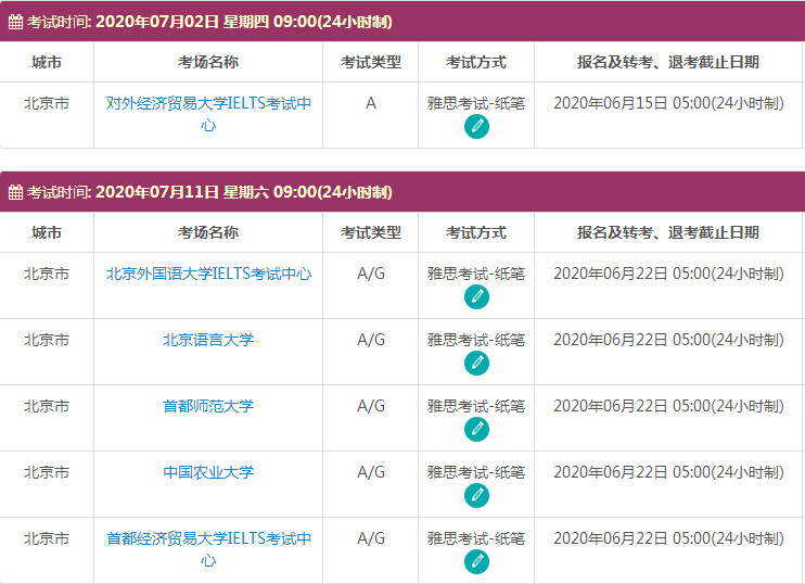7月北京雅思考试时间及考点