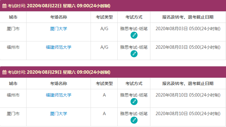8月福建雅思考试时间及考点信息