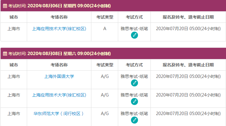 8月上海雅思考试时间及考点