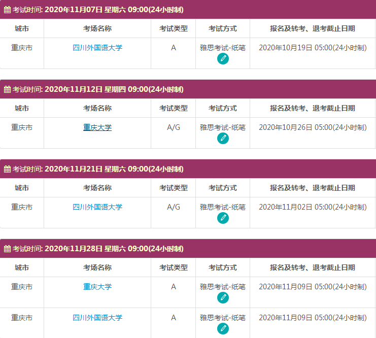 11月重庆雅思考试时间及考点信息