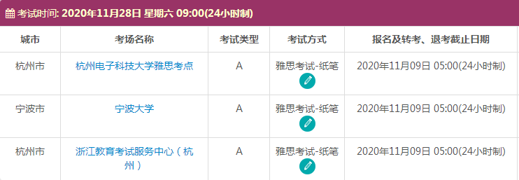 11月浙江雅思考试时间及考点信息