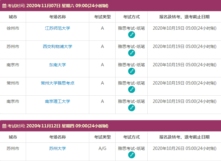11月江苏雅思考试时间及考点信息