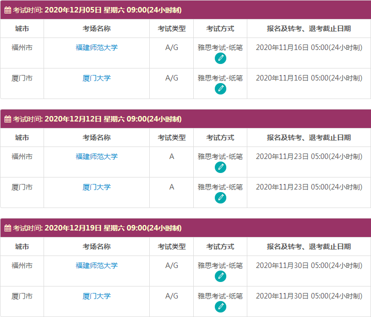 12月福建雅思考试时间及考点信息