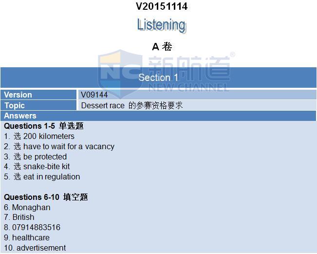2015年11月14日雅思听力机经及答案