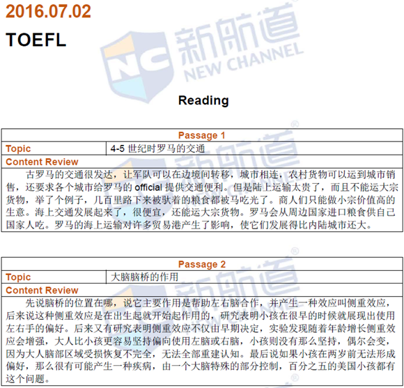 新航道版2016年7月2日托福真题回忆